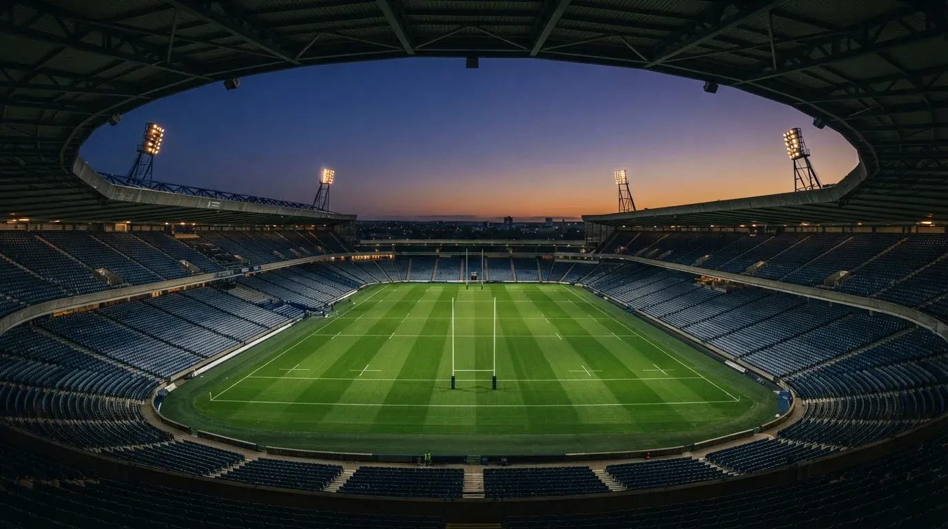 An empty football stadium with floodlight masts at dusk