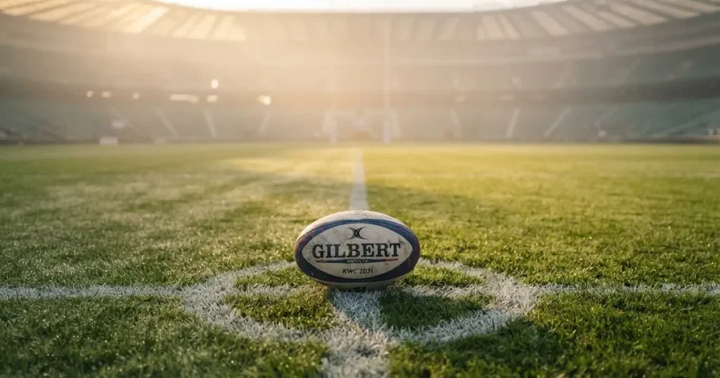 A ball on the centre spot of a grass pitch in morning light