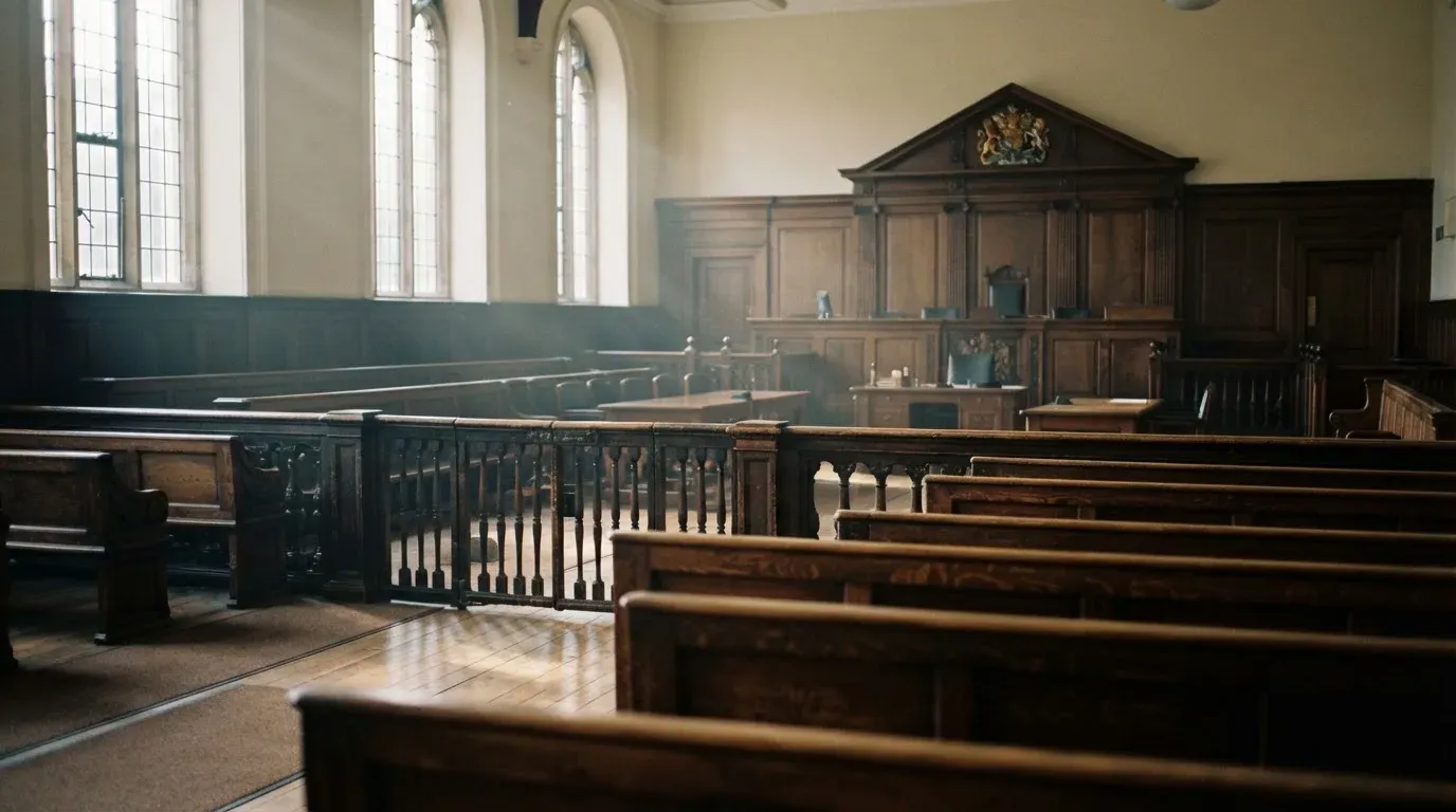 An empty courtroom with wooden benches in morning light