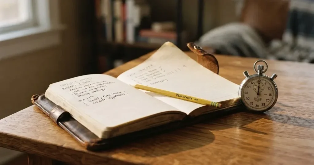 An open notebook with a pencil and a stopwatch on a wooden table