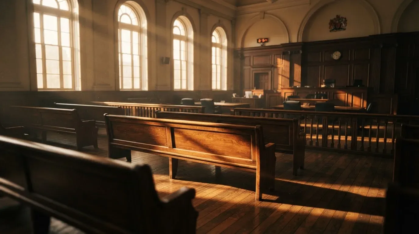 An empty courtroom with wooden benches in morning light