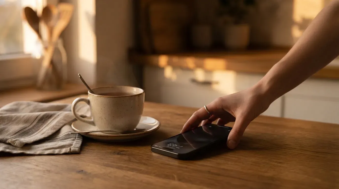 A hand setting a smartphone down beside a cup of tea on a kitchen table on a quiet evening