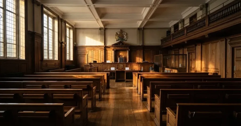 An empty courtroom with wooden benches in morning light
