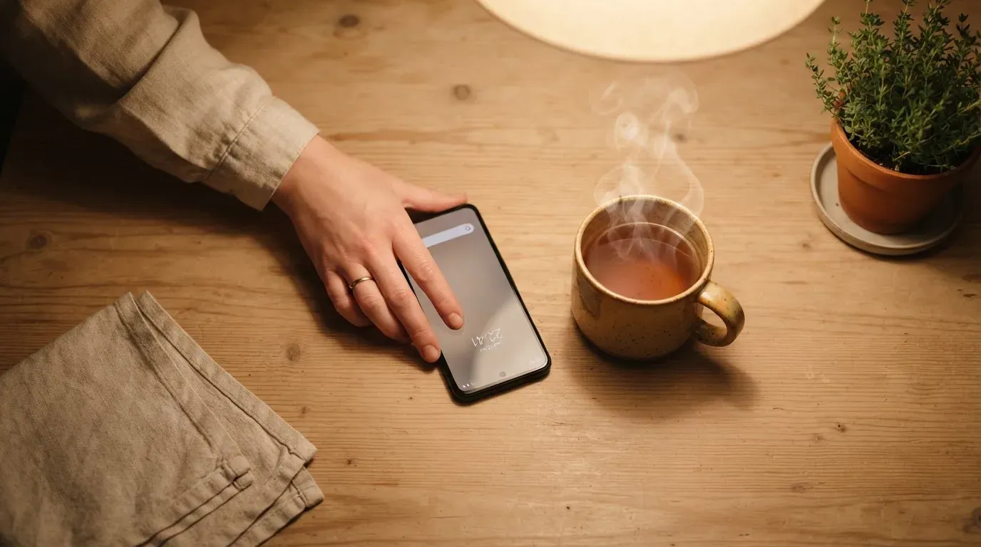 A hand setting a smartphone down beside a cup of tea on a kitchen table on a quiet evening
