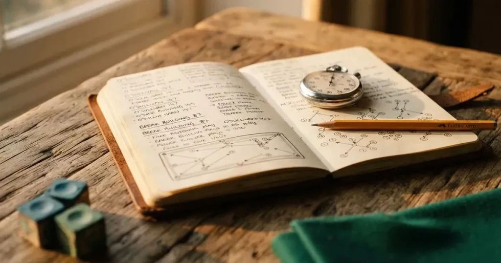 An open notebook with a pencil and a stopwatch on a wooden table