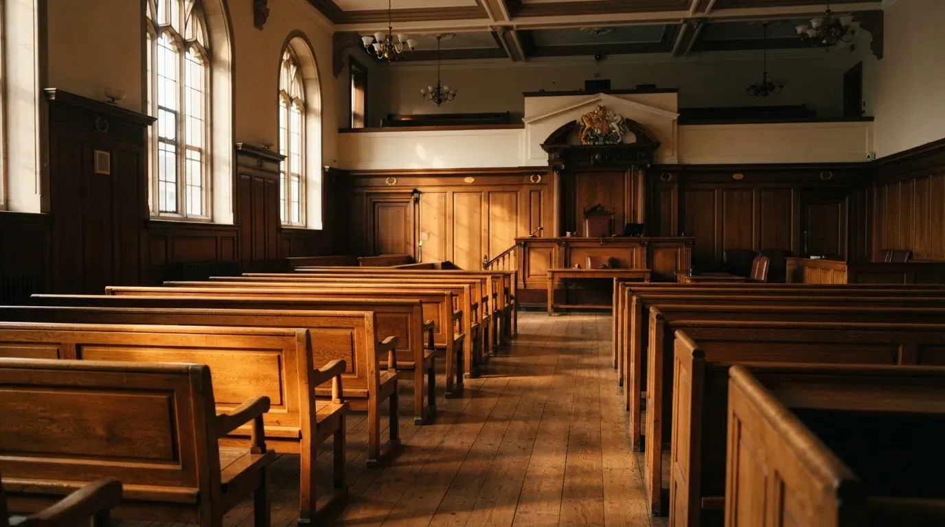 An empty courtroom with wooden benches in morning light