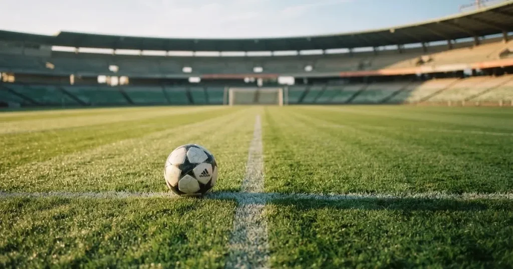 A ball on the centre spot of a grass pitch in morning light