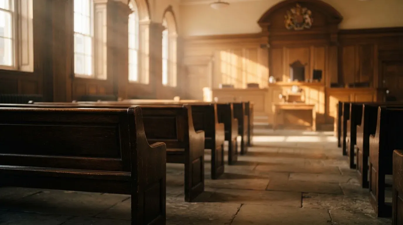 An empty courtroom with wooden benches in morning light
