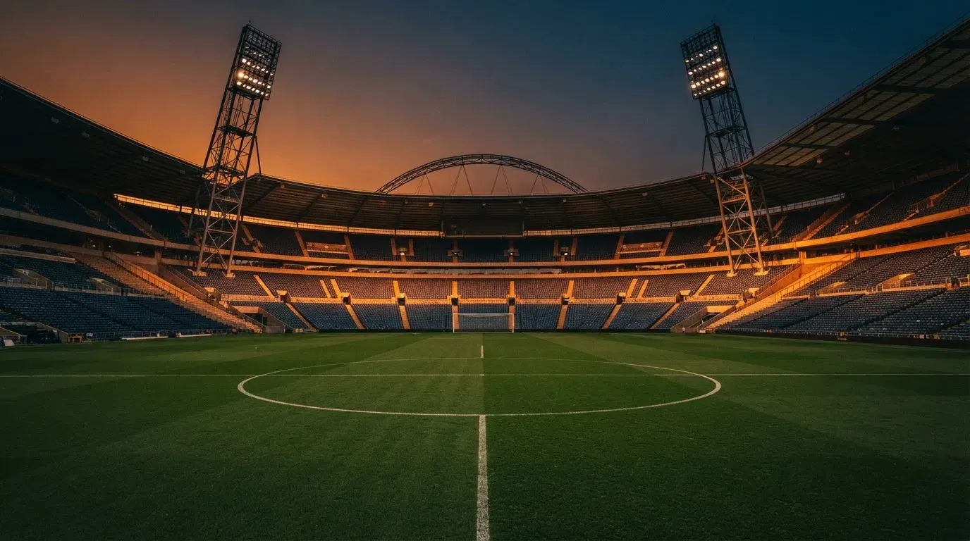 An empty football stadium with floodlight masts at dusk