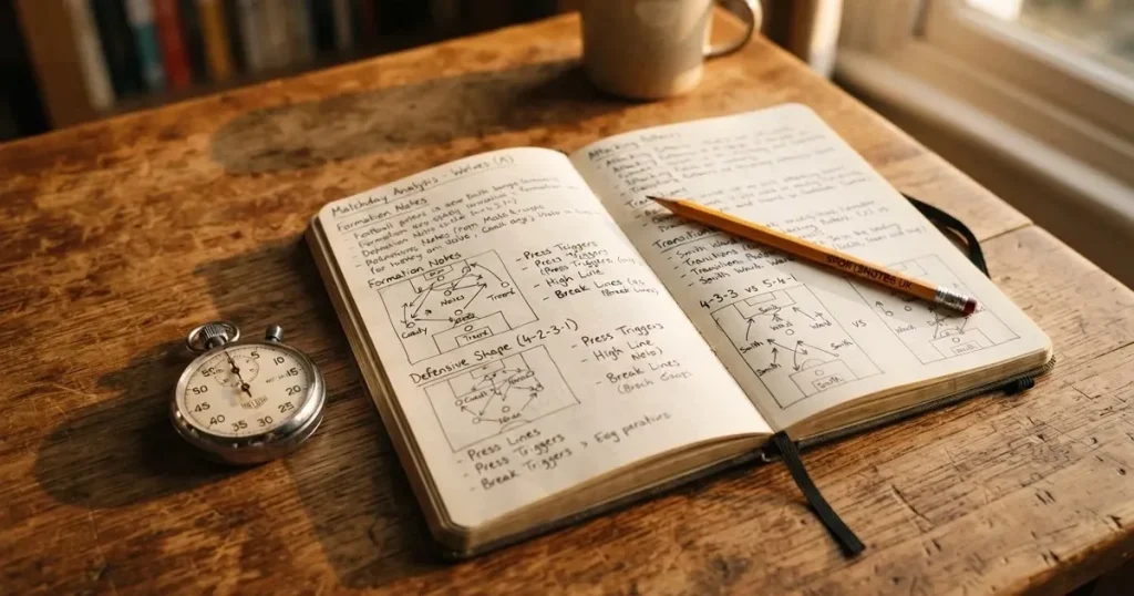 An open notebook with a pencil and a stopwatch on a wooden table
