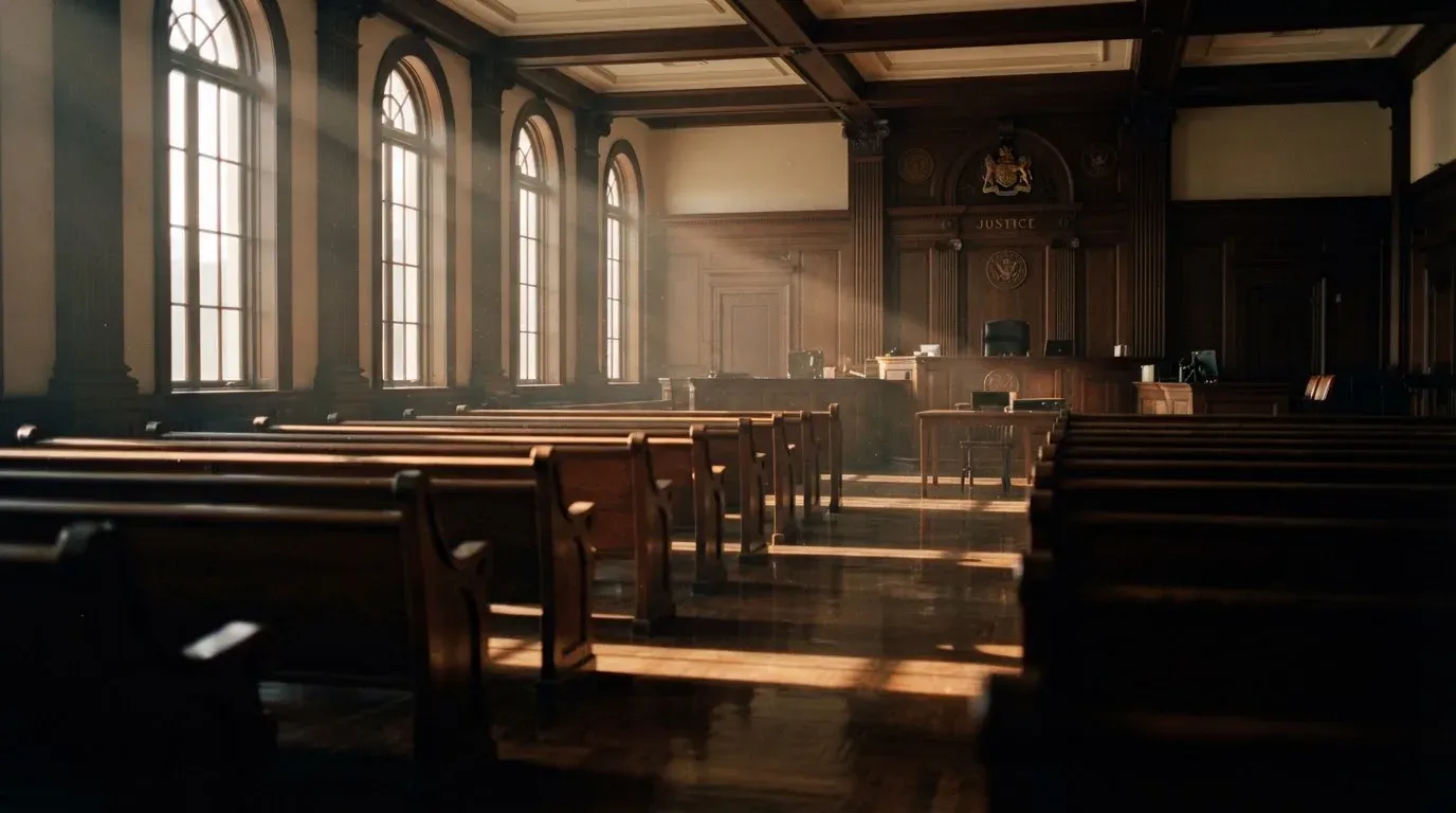 An empty courtroom with wooden benches in morning light