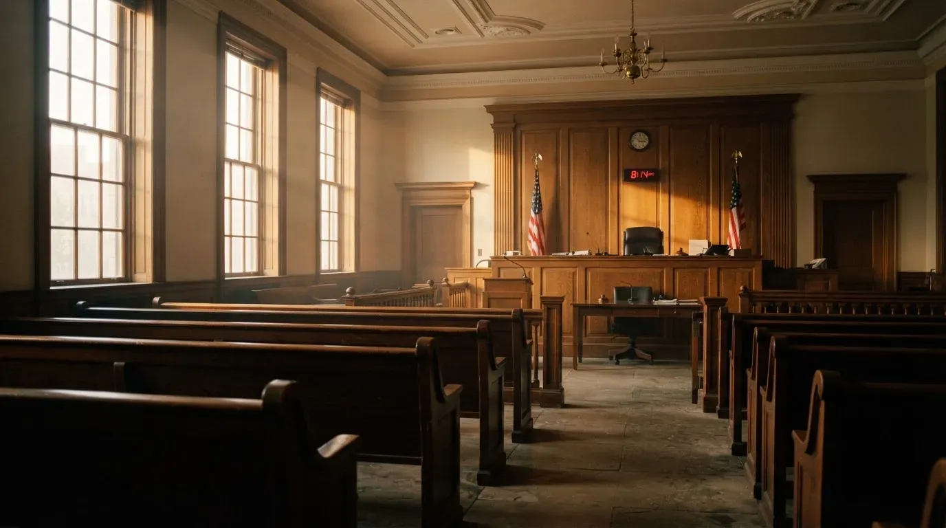 An empty courtroom with wooden benches in morning light