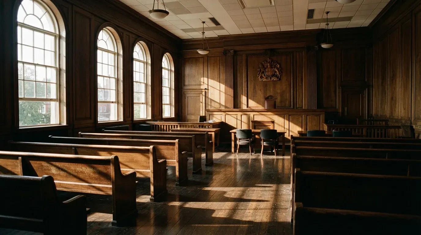 An empty courtroom with wooden benches in morning light