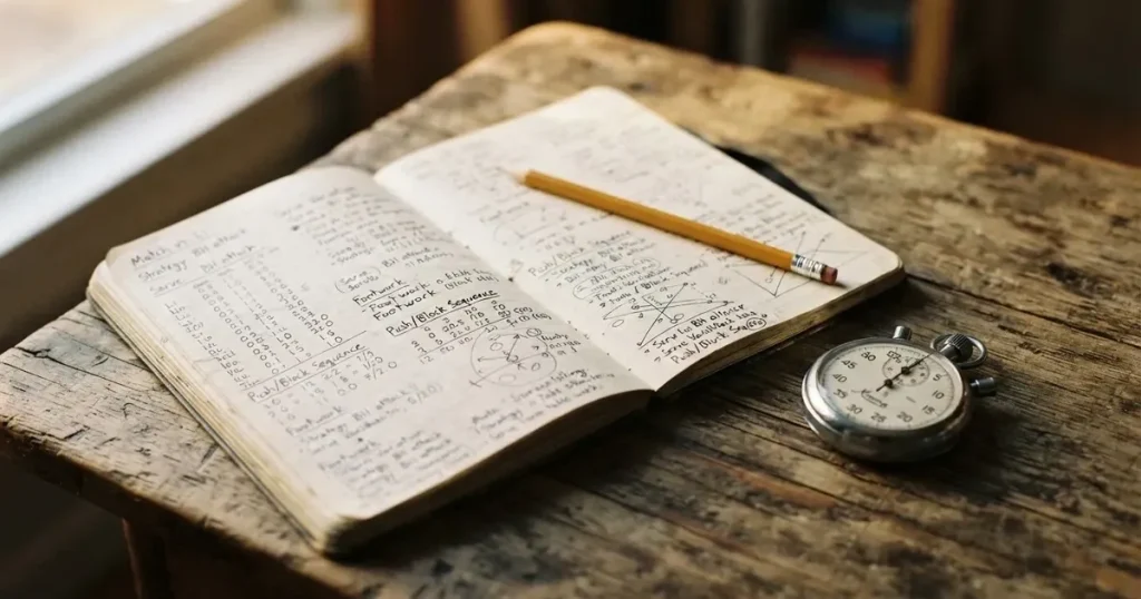 An open notebook with a pencil and a stopwatch on a wooden table