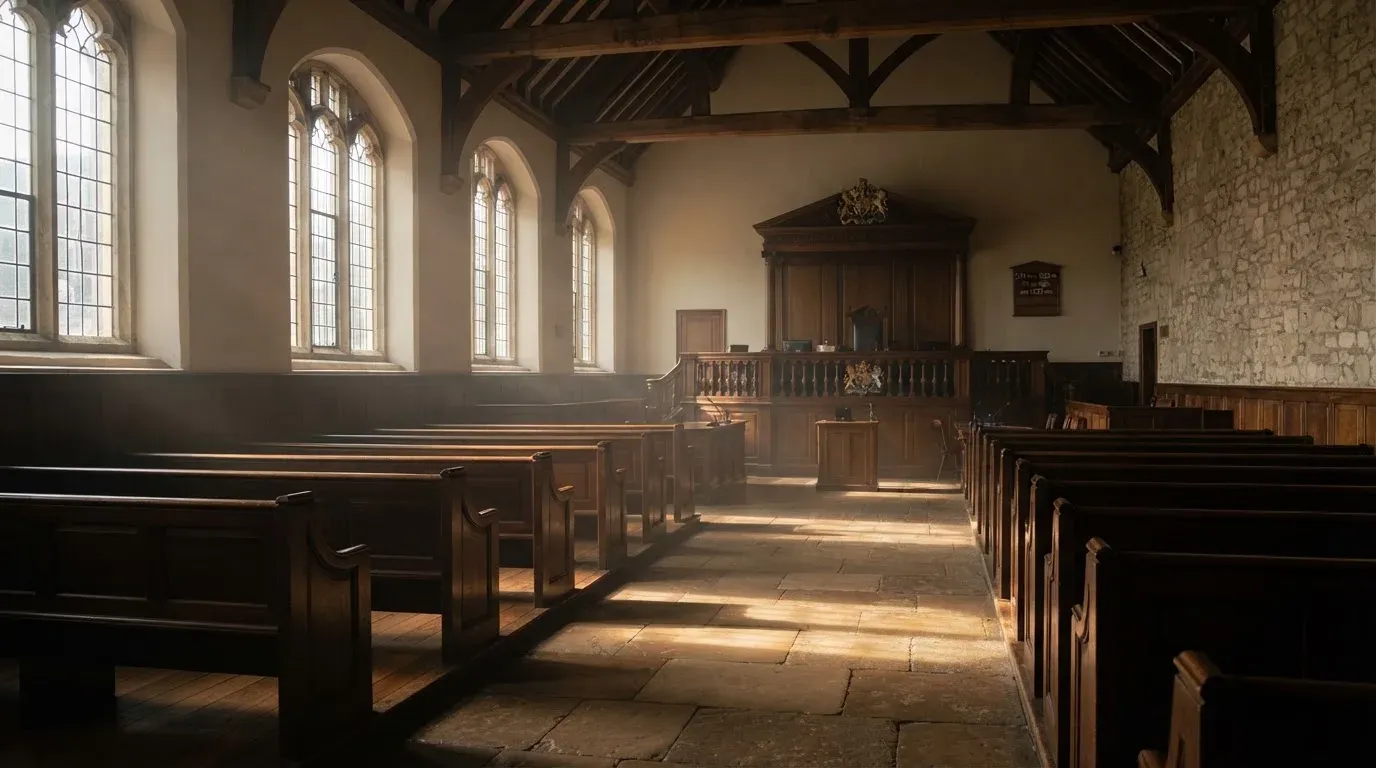 An empty courtroom with wooden benches in morning light