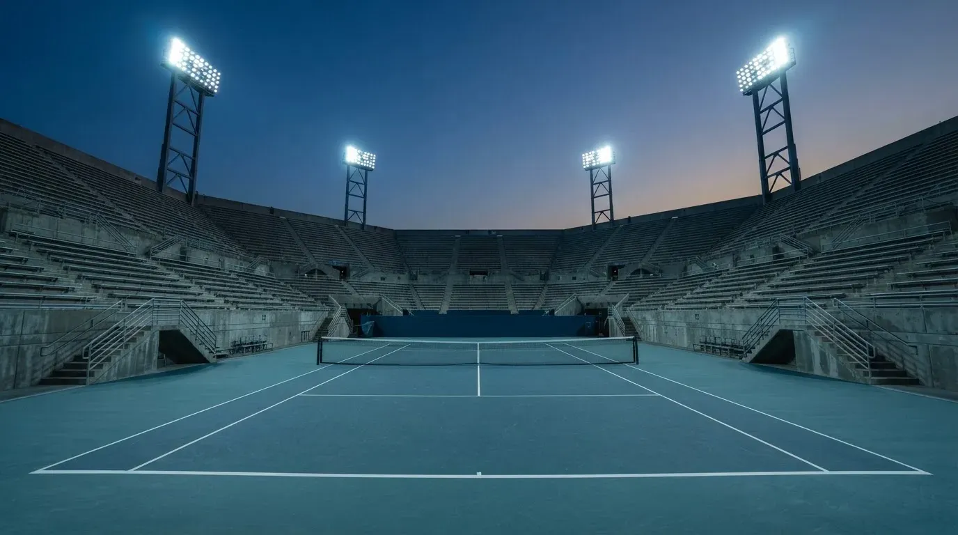 An empty football stadium with floodlight masts at dusk
