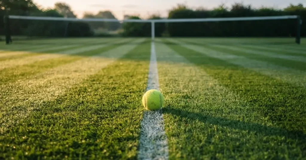 A ball on the centre spot of a grass pitch in morning light