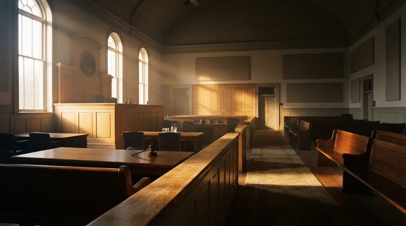 An empty courtroom with wooden benches in morning light