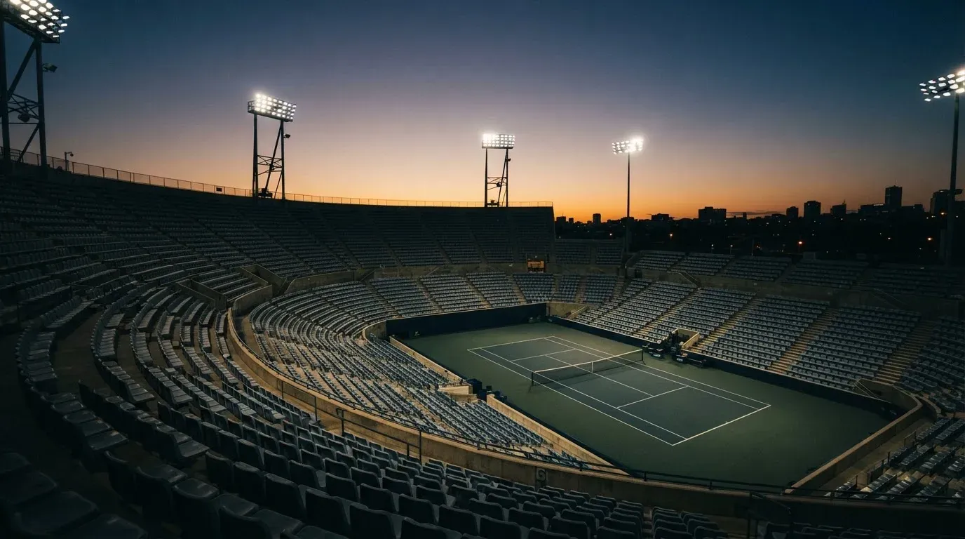 An empty football stadium with floodlight masts at dusk