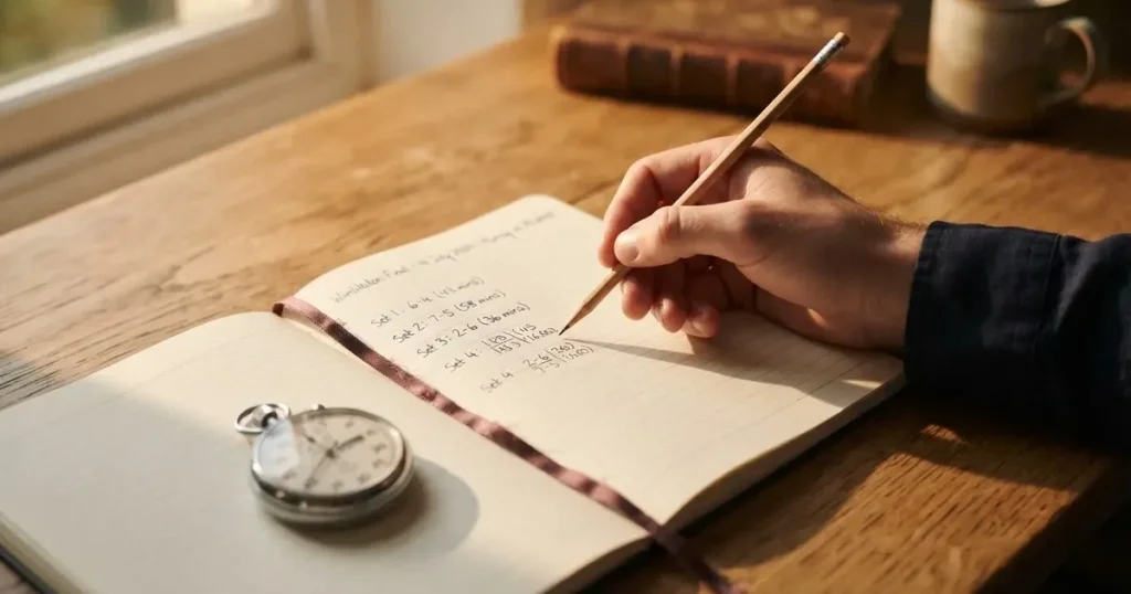 An open notebook with a pencil and a stopwatch on a wooden table