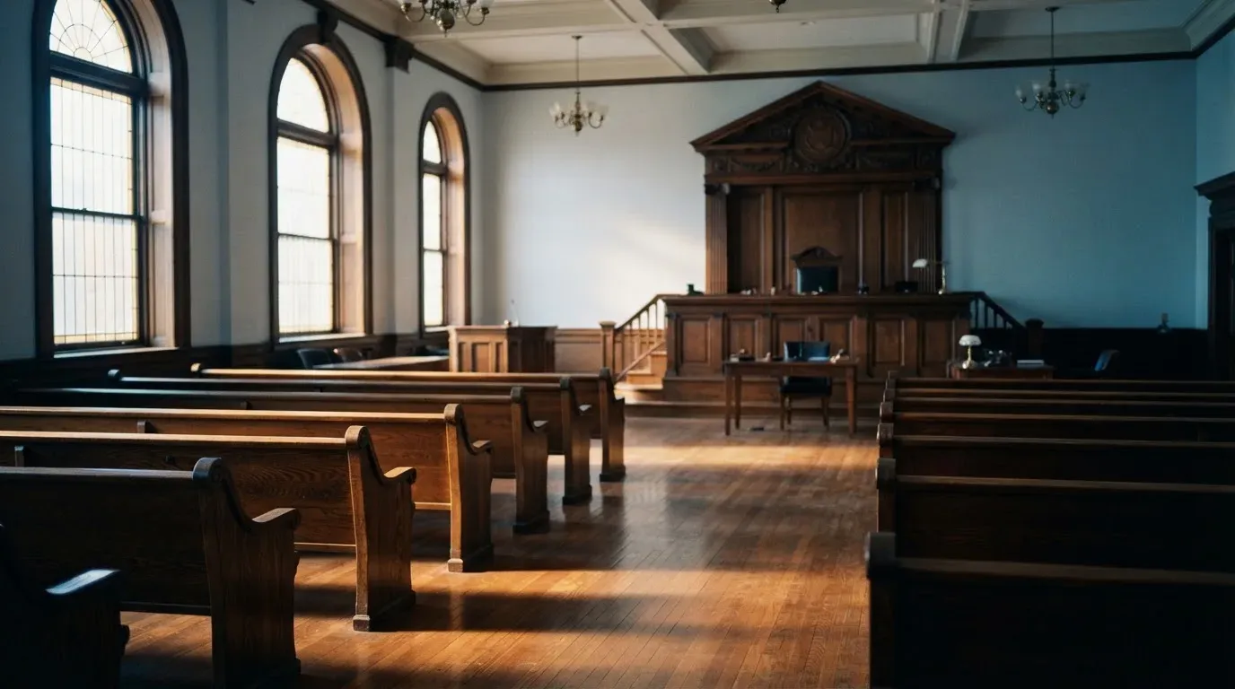 An empty courtroom with wooden benches in morning light