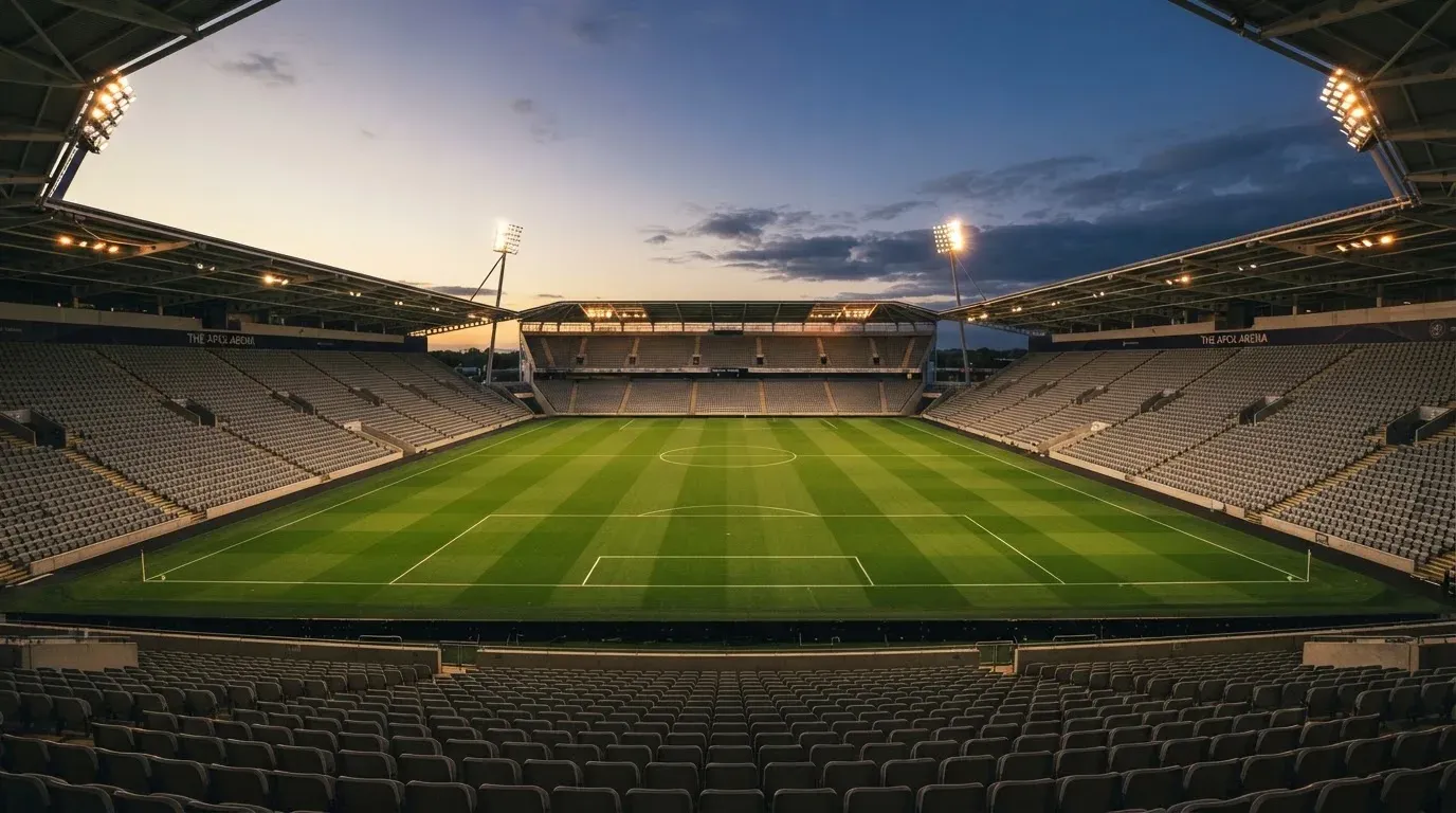 An empty football stadium with floodlight masts at dusk