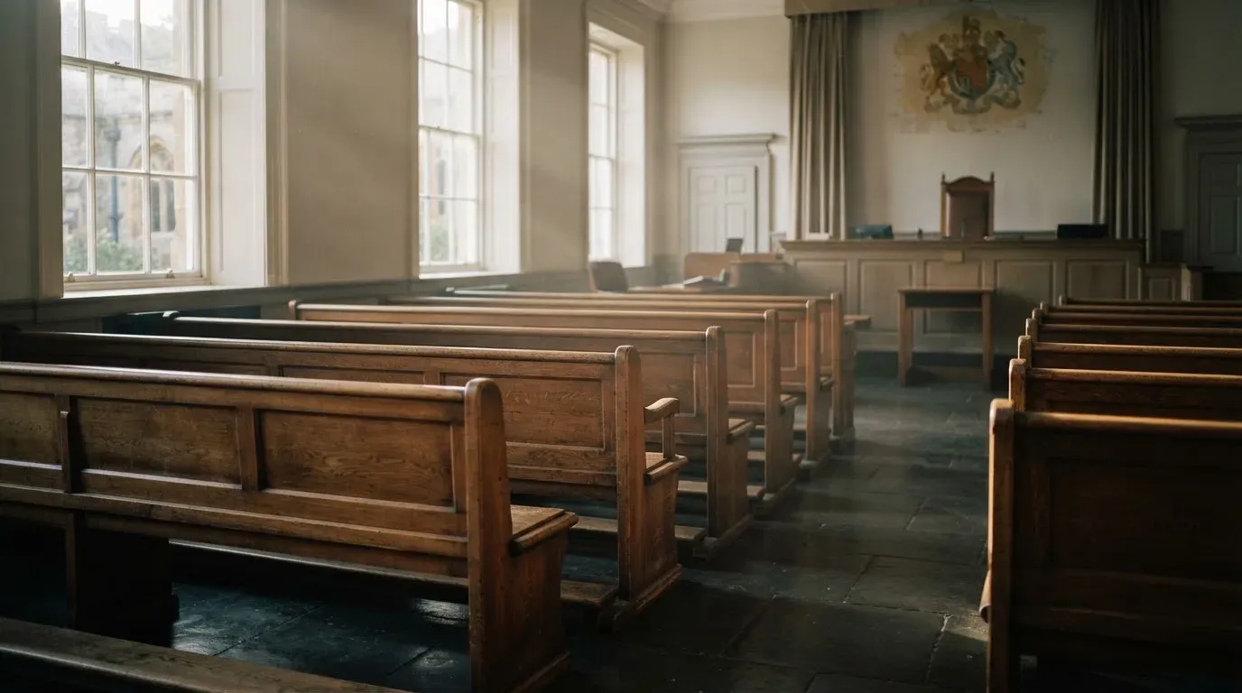 An empty courtroom with wooden benches in morning light