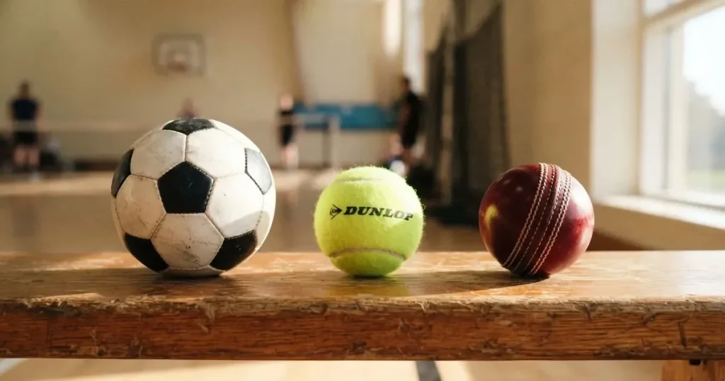 Three balls of different kinds side by side on a wooden bench