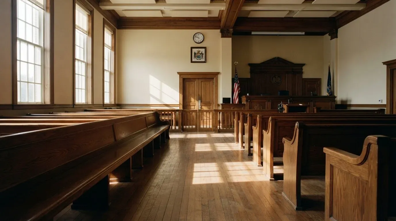 An empty courtroom with wooden benches in morning light