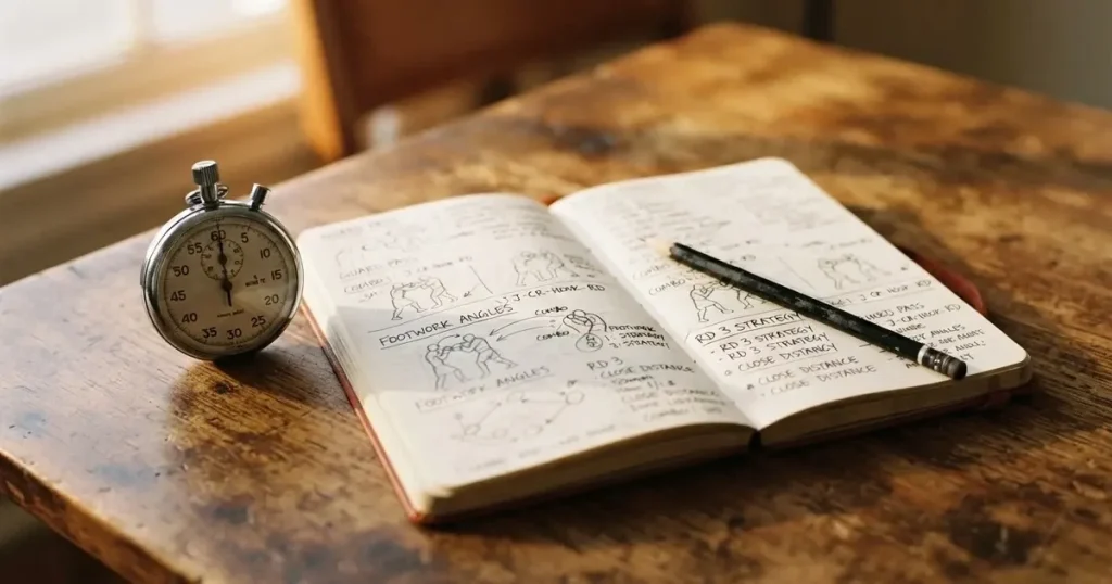 An open notebook with a pencil and a stopwatch on a wooden table