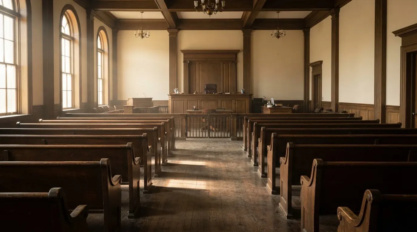 An empty courtroom with wooden benches in morning light