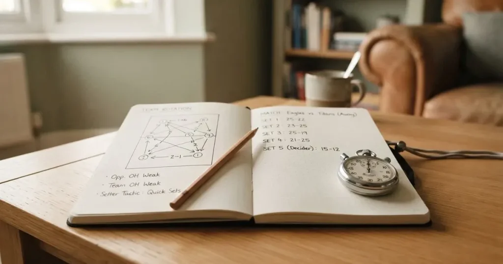 An open notebook with a pencil and a stopwatch on a wooden table