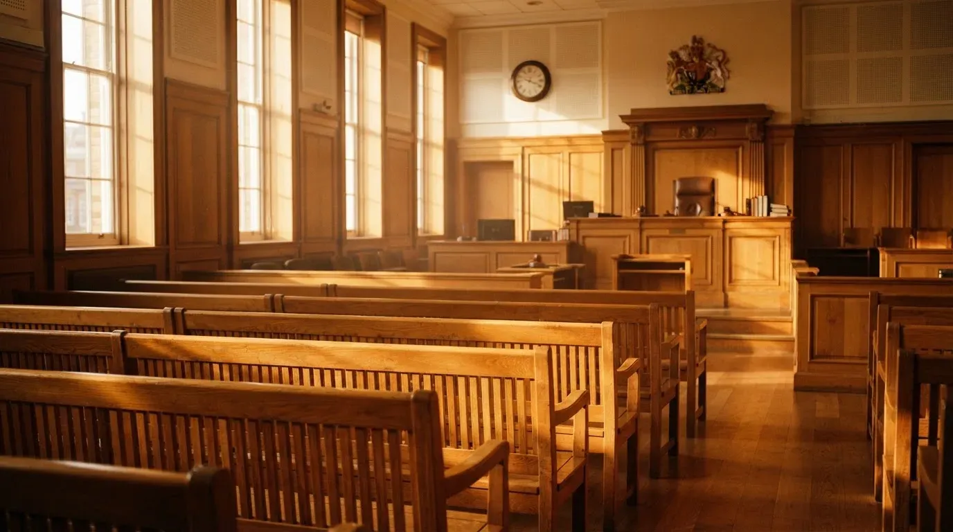 An empty courtroom with wooden benches in morning light