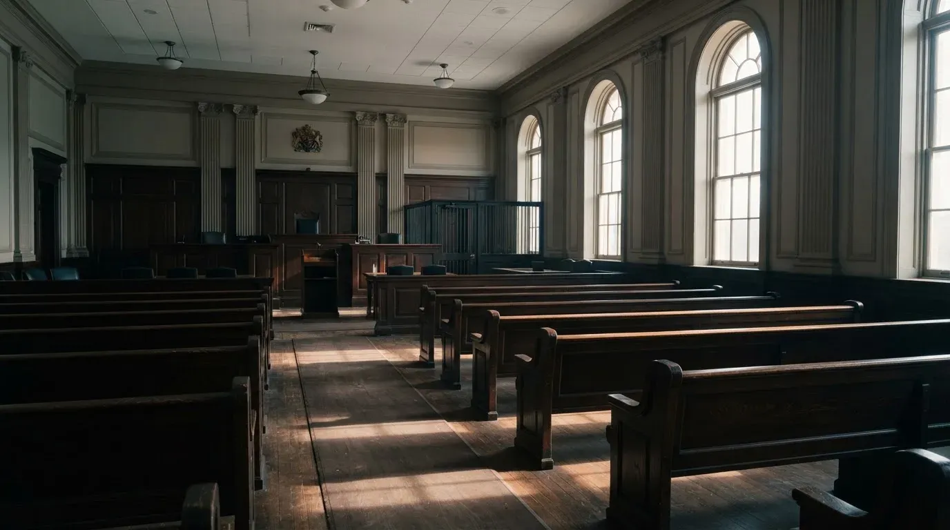 An empty courtroom with wooden benches in morning light