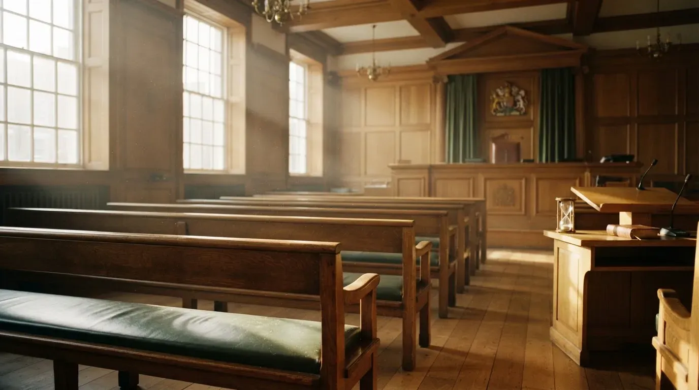 An empty courtroom with wooden benches in morning light
