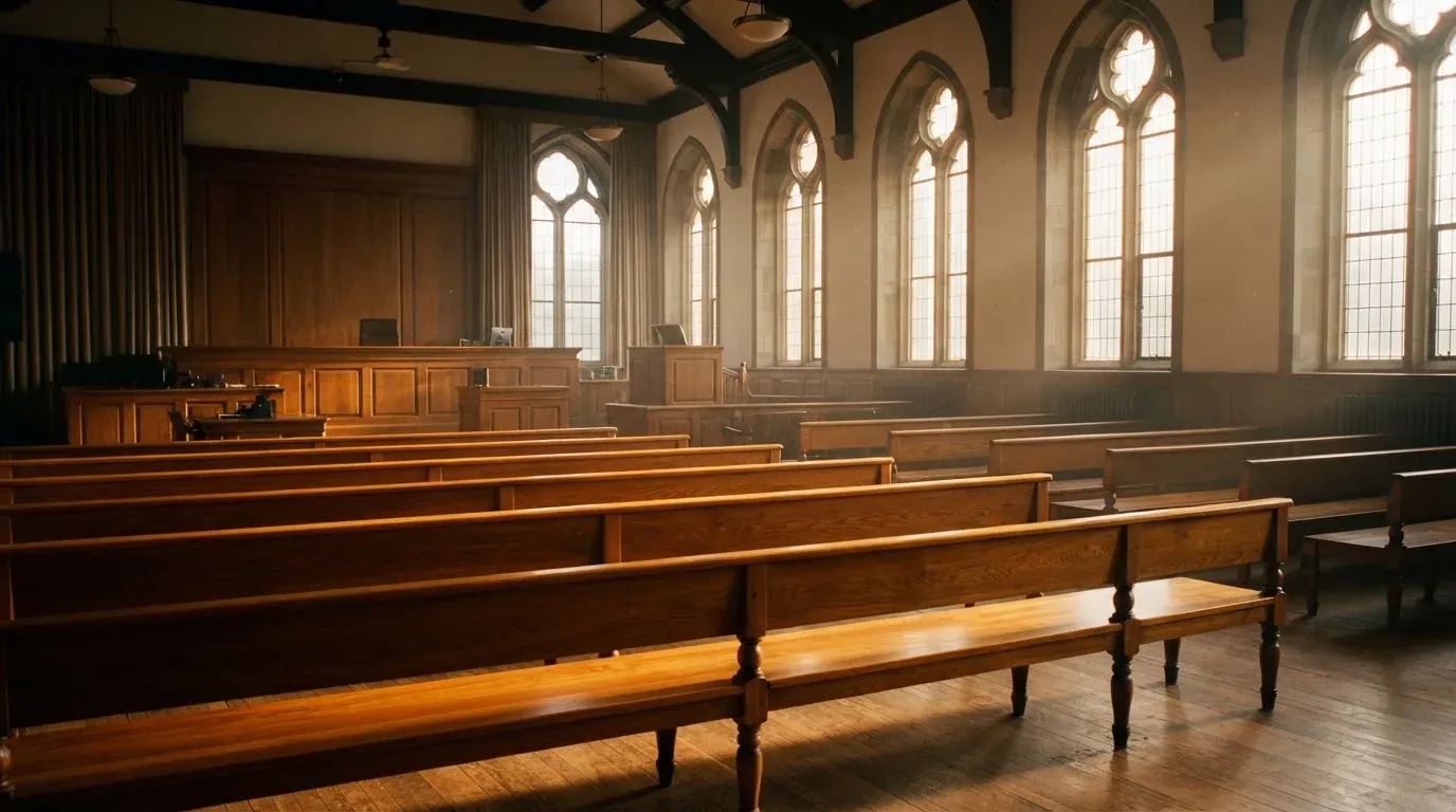 An empty courtroom with wooden benches in morning light
