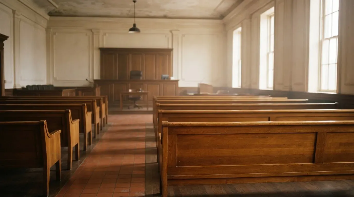 An empty courtroom with wooden benches in morning light