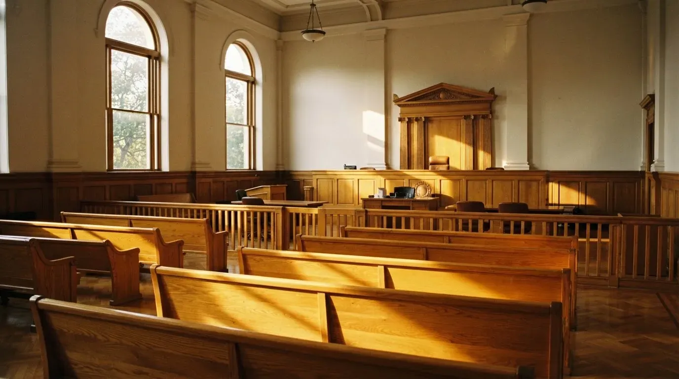 An empty courtroom with wooden benches in morning light
