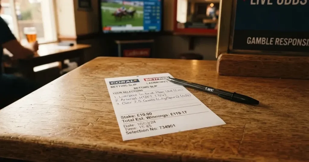 A blank paper betting slip beside a pen on a wooden counter