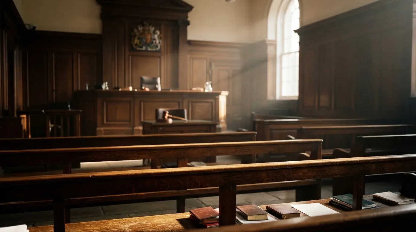 An empty courtroom with wooden benches in morning light